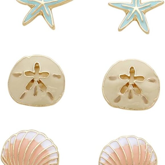 Women's Beach Earrings Set of 3 Starfish Sand Dollar Shell Chic Summer Jewelry - Picture 1 of 4